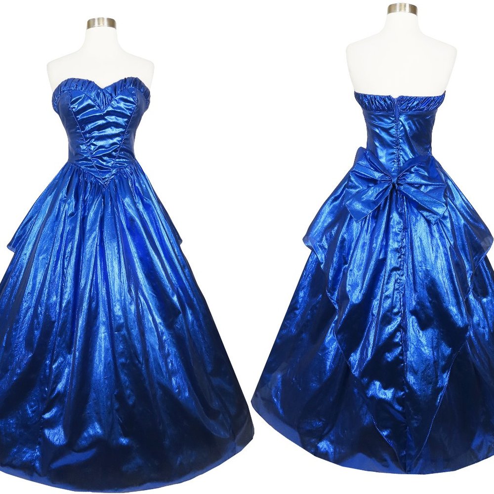 Vintage 80s Metallic Blue Lamé Strapless Full Skirt Gown Prom Party Dress XS S